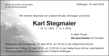 Traueranzeige von Karl Stegmaier von Schwäbische Post