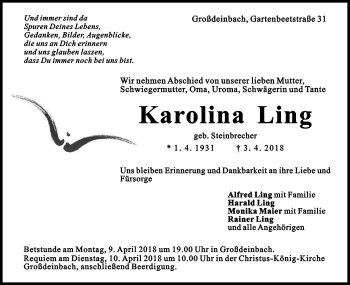 Traueranzeige von Karolina Ling von Gmünder Tagespost