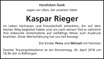 Traueranzeige von Kaspar Rieger von Schwäbische Post