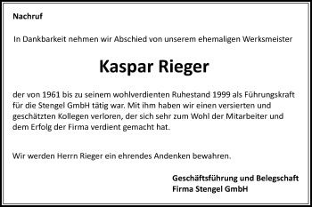 Traueranzeige von Kaspar Rieger von Schwäbische Post