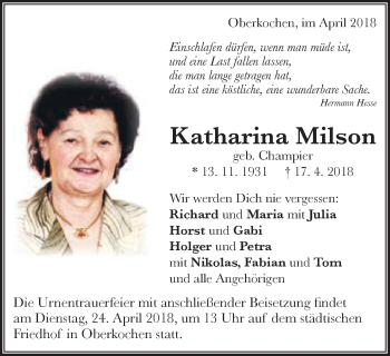 Traueranzeige von Katharina Milson von Schwäbische Post