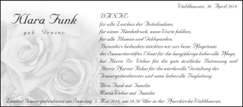 Traueranzeige von Klara Funk von Schwäbische Post