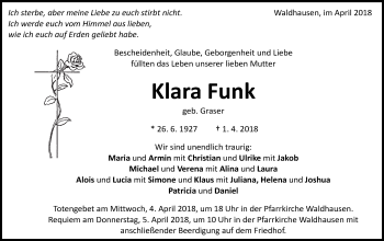 Traueranzeige von Klara Funk von Schwäbische Post