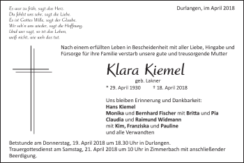 Traueranzeige von Klara Kiemel von Gmünder Tagespost