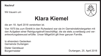 Traueranzeige von Klara Kiemel von Gmünder Tagespost