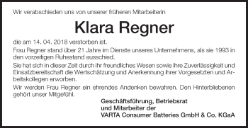 Traueranzeige von Klara Regner von Schwäbische Post