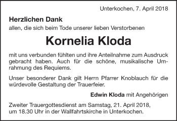 Traueranzeige von Kornelia Kloda von Schwäbische Post