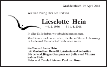 Traueranzeige von Lieselotte Hein von Gmünder Tagespost