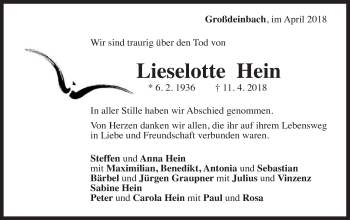 Traueranzeige von Lieselotte Hein