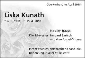 Traueranzeige von Liska Kunath von Amtsblatt_Oko