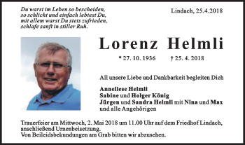 Traueranzeige von Lorenz Helmli von Gmünder Tagespost