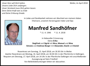 Traueranzeige von Manfred Sandhäfner von Schwäbische Post