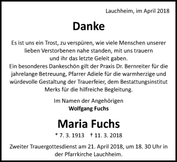 Traueranzeige von Maria Fuchs von Schwäbische Post