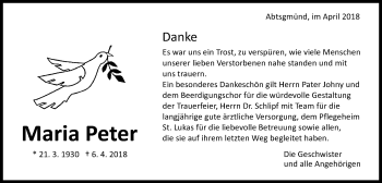 Traueranzeige von Maria Peter von Schwäbische Post