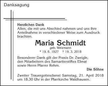 Traueranzeige von Maria Schmidt von Schwäbische Post