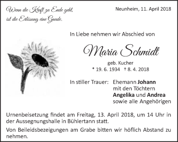Traueranzeige von Maria Schmidt von Schwäbische Post