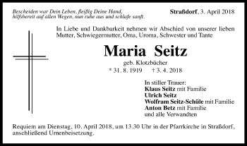 Traueranzeige von Maria Seitz