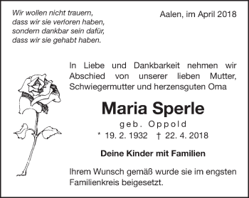 Traueranzeige von Maria Sperle von Schwäbische Post