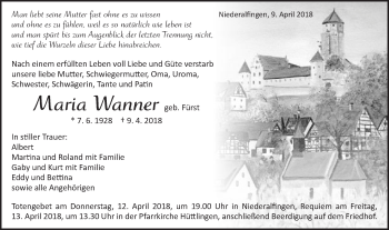 Traueranzeige von Maria Wanner von Schwäbische Post