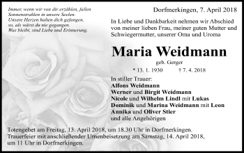 Traueranzeige von Maria Weidmann von Schwäbische Post