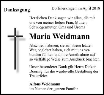 Traueranzeige von Maria Weidmann von Schwäbische Post