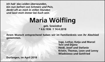 Traueranzeige von Maria Wölfling von Gmünder Tagespost
