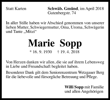 Traueranzeige von Marie Sopp von Gmünder Tagespost