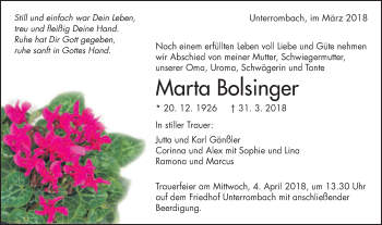 Traueranzeige von Marta Bolsinger von Schwäbische Post