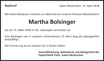 Traueranzeige von Martha Bolsinger von Schwäbische Post