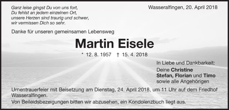 Traueranzeige für Martin Eisele vom 20.04.2018 aus Schwäbische Post