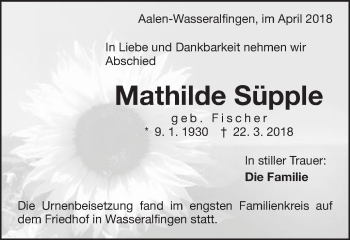 Traueranzeige von Mathilde Süpple von Schwäbische Post