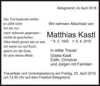 Traueranzeige von Matthias Kastl von Schwäbische Post