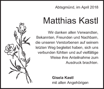 Traueranzeige von Matthias Kastl von Schwäbische Post