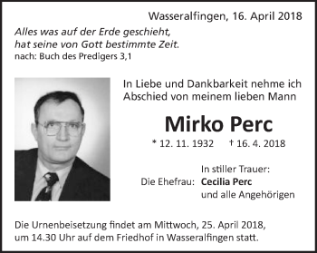 Traueranzeige von Mirko Perc von Schwäbische Post