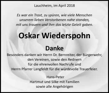 Traueranzeige von Oskar Wiederspohn von Schwäbische Post