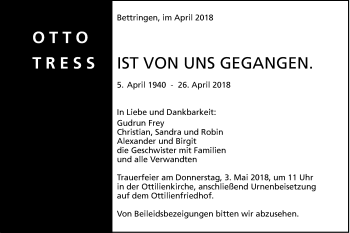 Traueranzeige von Otto Tress von Gmünder Tagespost
