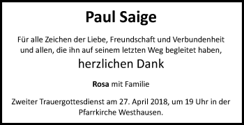 Traueranzeige von Paul Saige von Schwäbische Post