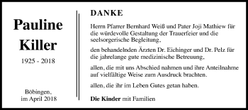 Traueranzeige von Pauline Killer von Gmünder Tagespost