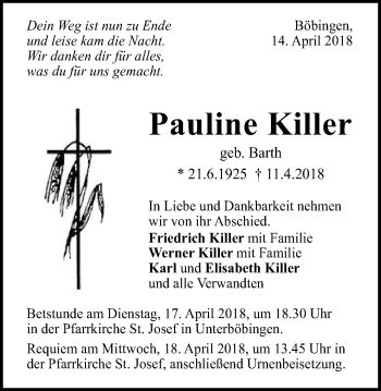 Traueranzeige von Pauline Killer von Gmünder Tagespost