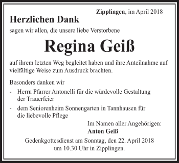 Traueranzeige von Regina Geiß von Schwäbische Post