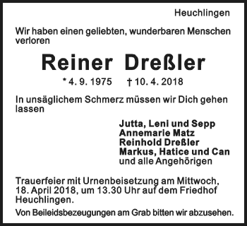 Traueranzeige von Reiner Dreßler von Gmünder Tagespost