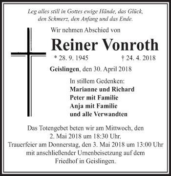 Traueranzeige von Reiner Vonroth von Schwäbische Post