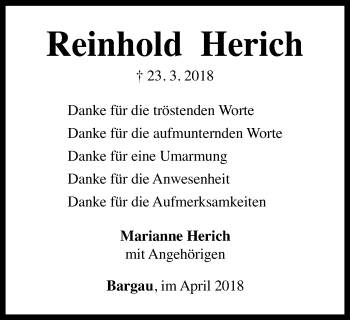 Traueranzeige von Reinhold Herich