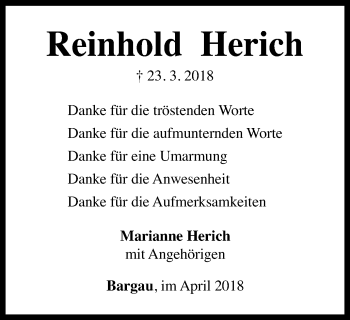 Traueranzeige von Reinhold Herich von Gmünder Tagespost