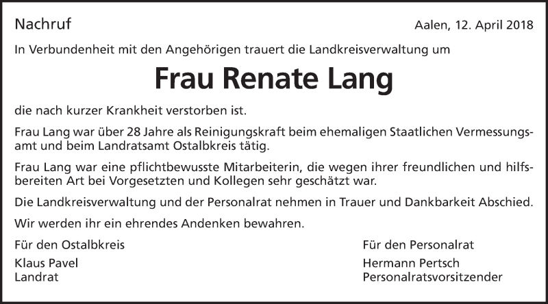  Traueranzeige für Renate Lang vom 12.04.2018 aus Schwäbische Post