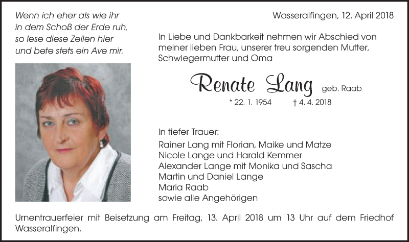 Traueranzeige für Renate Lang vom 12.04.2018 aus Schwäbische Post