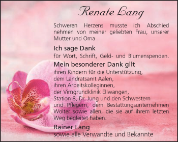 Traueranzeige von Renate Lang von Schwäbische Post