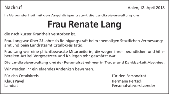 Traueranzeige von Renate Lang von Schwäbische Post