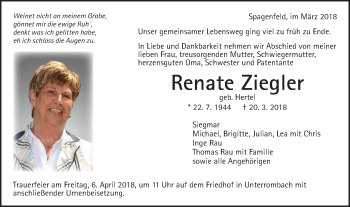 Traueranzeige von Renate Ziegler von Schwäbische Post