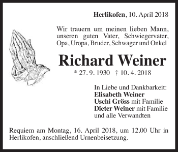 Traueranzeige von Richard Weiner von Gmünder Tagespost